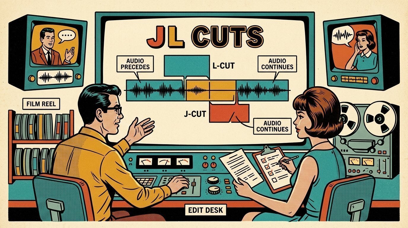 A 1960s mid-century comic book style editorial illustration showing a video editor and a director reviewing the cut together, with a pair of studio monitors, an edit timeline on a large screen visible in the frame.