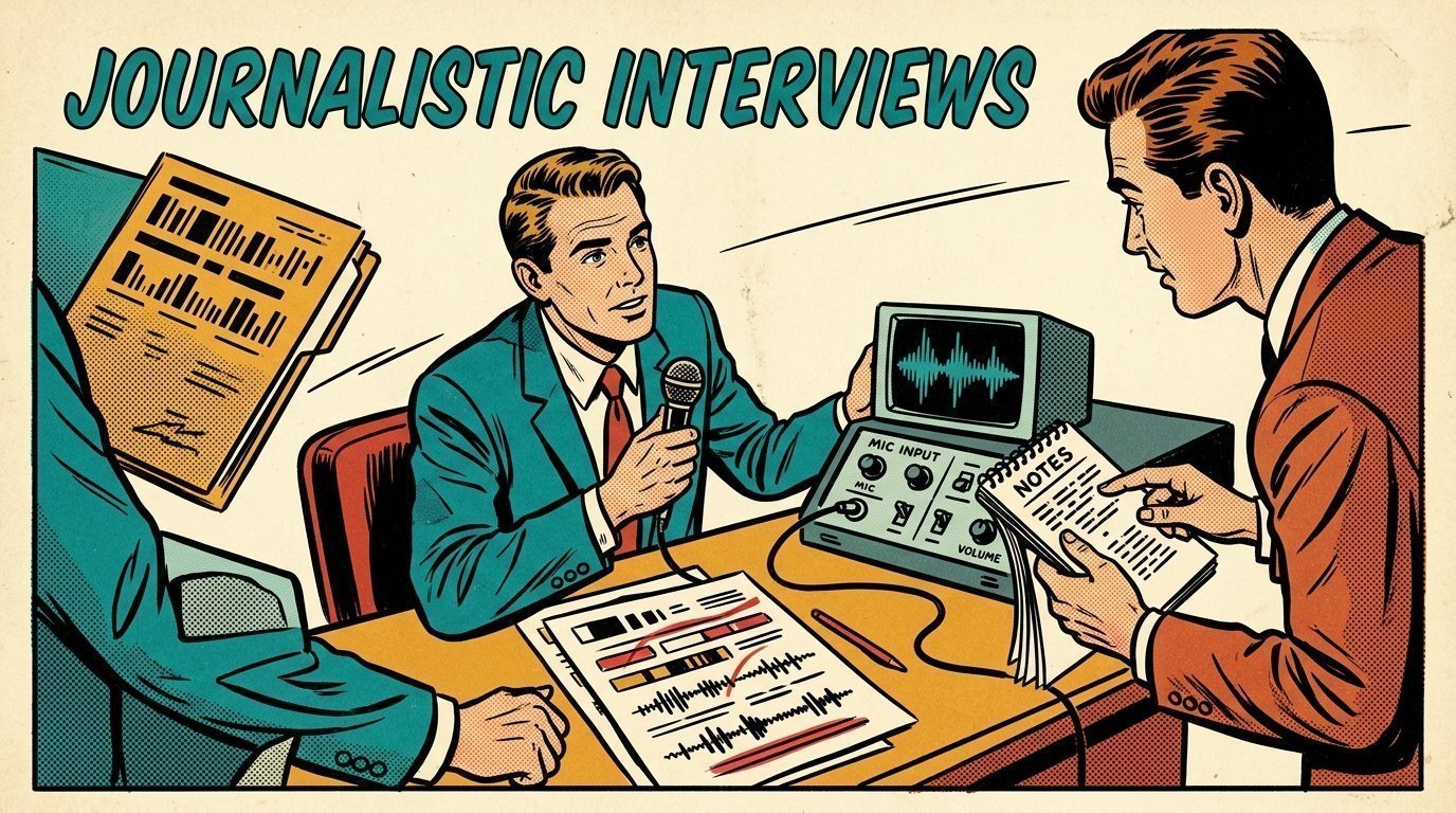 A 1960s mid-century comic book style editorial illustration showing a broadcast journalist and a producer in a newsroom, with a marked-up script on the desk visible in the frame.