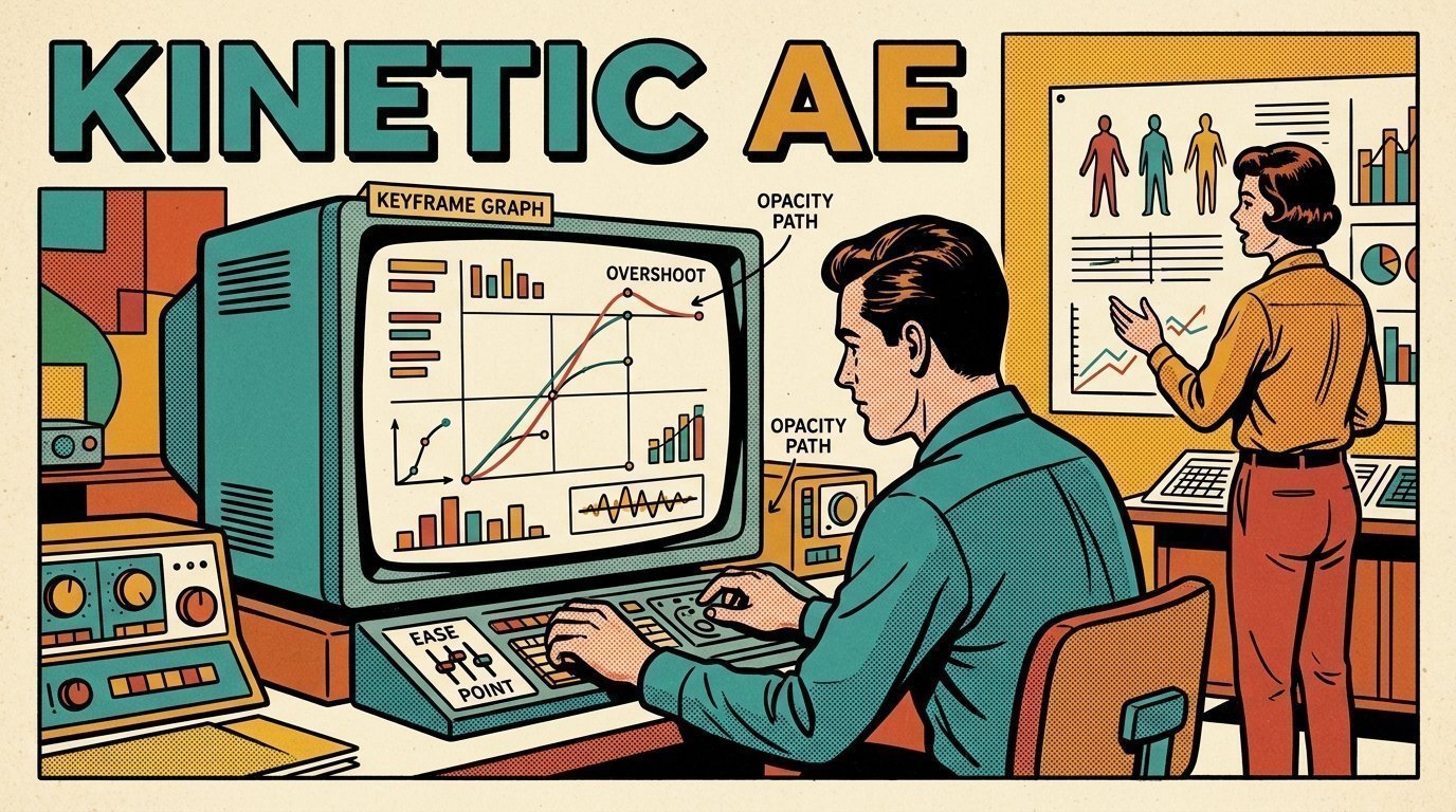 A 1960s mid-century comic book style editorial illustration showing a motion designer working at a large monitor, with a keyframe graph editor, a wall chart of figures visible in the frame.