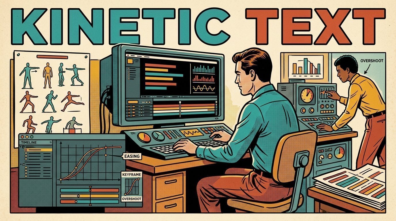 A 1960s mid-century comic book style editorial illustration showing a motion designer working at a large monitor, with a keyframe graph editor, a wall chart of figures visible in the frame.