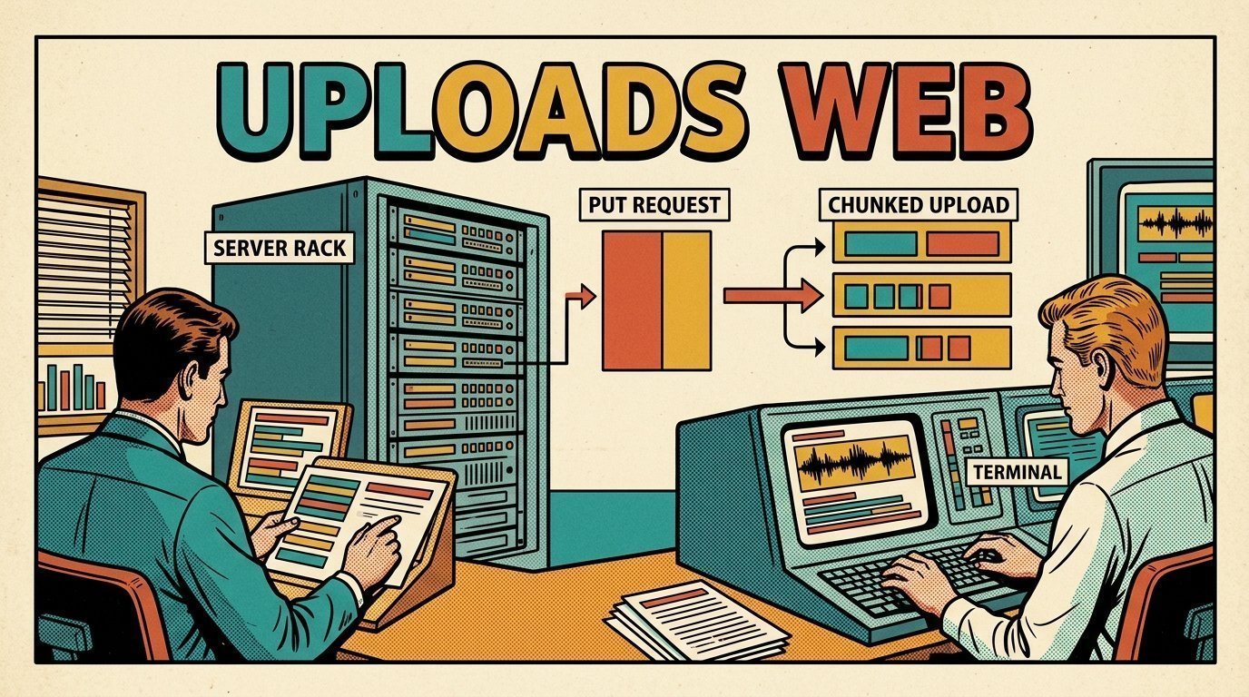 A 1960s mid-century comic book style editorial illustration showing two engineers at terminals in a machine room, with a rack of servers visible in the frame.