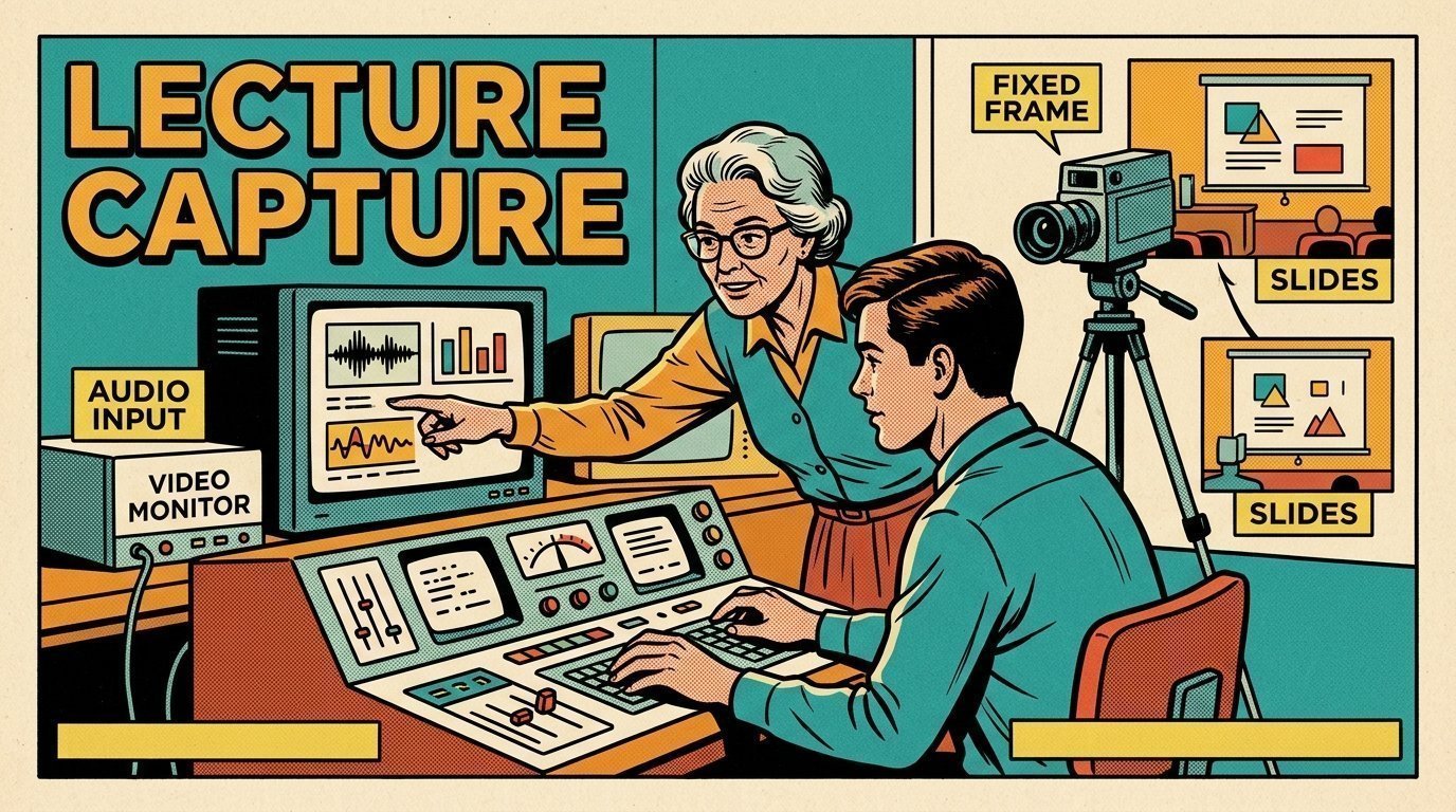 A 1960s mid-century comic book style editorial illustration showing a teacher and a student at a shared editing workstation, with caption bars beneath a picture, a camera on a tripod visible in the frame.