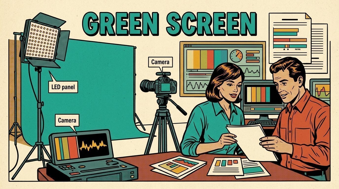 A 1960s mid-century comic book style editorial illustration showing a video editor and a director reviewing the cut together, with an LED panel light on a stand, a colour grading panel with trackballs, a camera on a tripod visible in the frame.