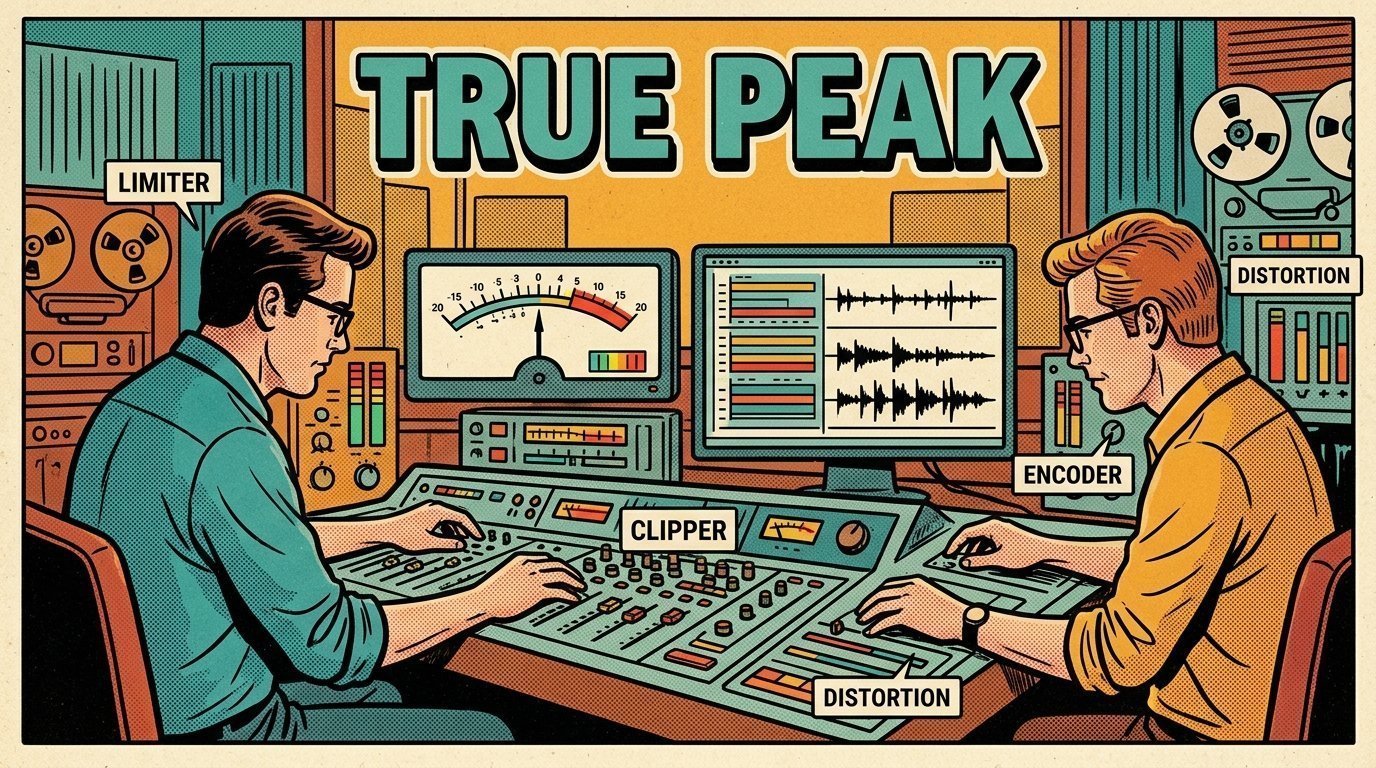 A 1960s mid-century comic book style editorial illustration showing two audio engineers at a mixing desk, with a loudness meter, an audio waveform display visible in the frame.