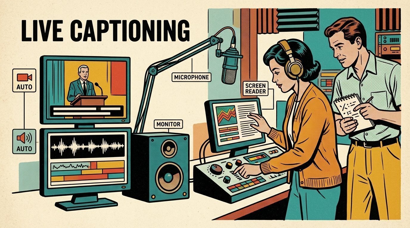A 1960s mid-century comic book style editorial illustration showing an accessibility specialist and a colleague testing with a screen reader, with caption bars beneath a picture, a pair of studio monitors, a studio microphone on a boom arm visible in the frame.