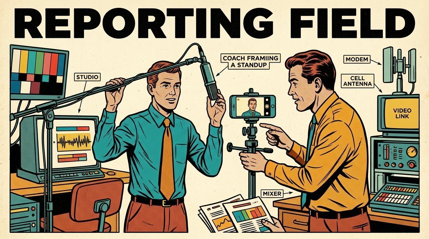 A 1960s mid-century comic book style editorial illustration showing a broadcast journalist and a producer in a newsroom, with a studio microphone on a boom arm, a phone clamped to a rig visible in the frame.