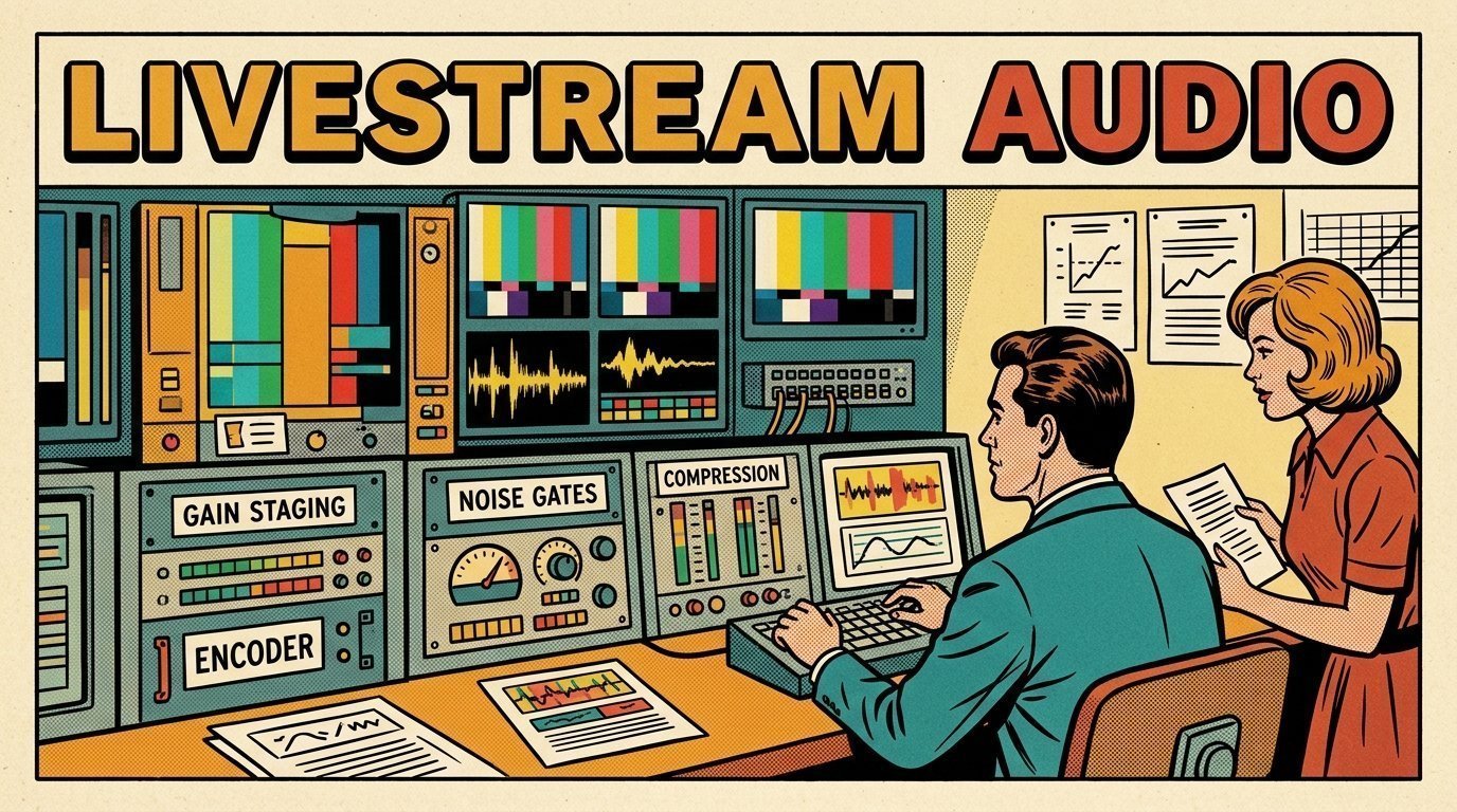 A 1960s mid-century comic book style editorial illustration showing a streaming operator watching a wall of encoders, with a bank of encoders, a wall of preview screens, a network switch visible in the frame.