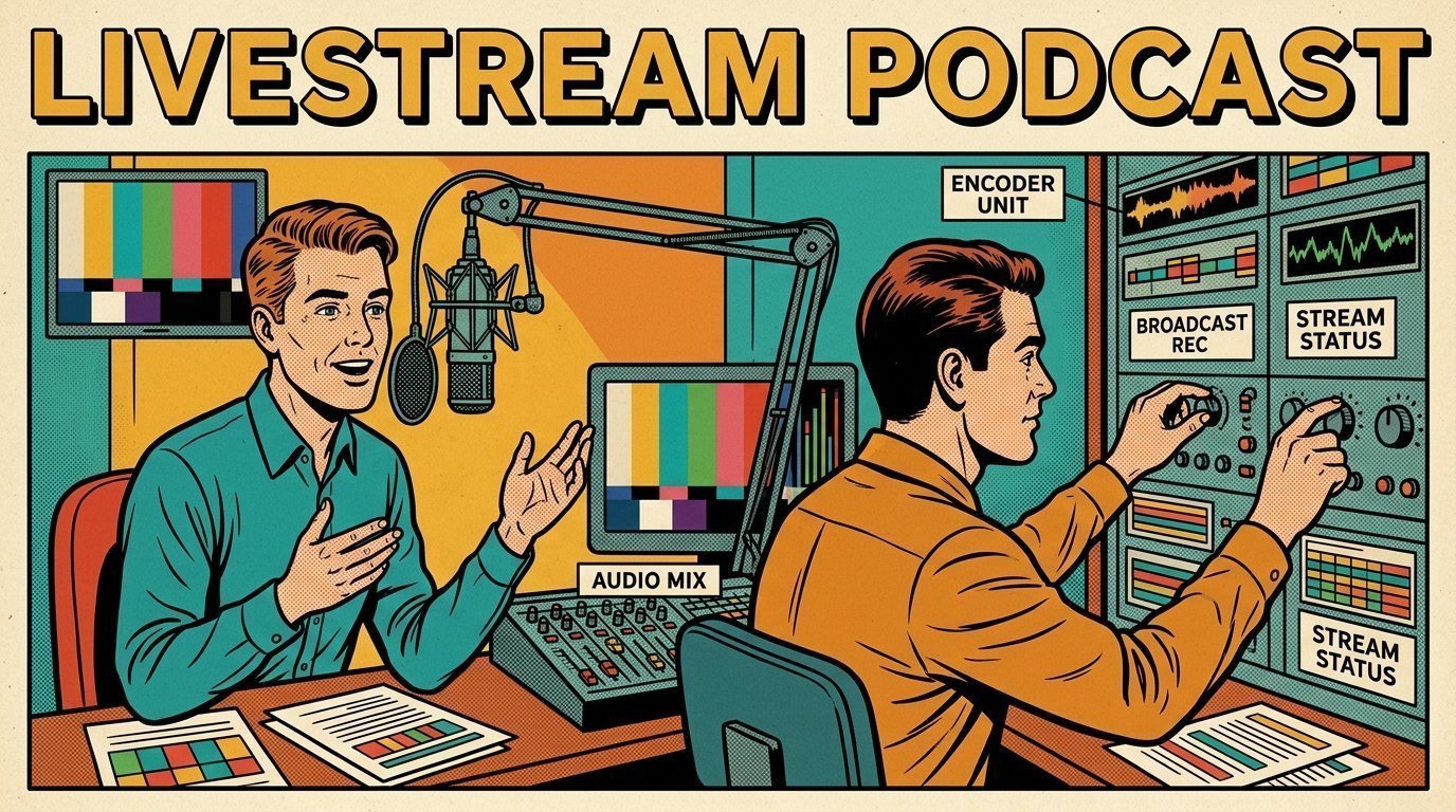 A 1960s mid-century comic book style editorial illustration showing a streaming operator watching a wall of encoders, with a studio microphone on a boom arm visible in the frame.