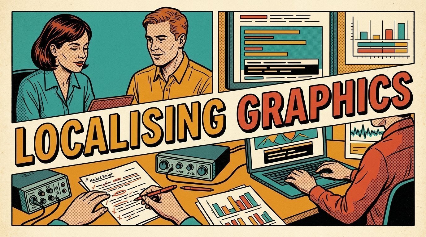 A 1960s mid-century comic book style editorial illustration showing an accessibility specialist and a colleague testing with a screen reader, with a marked-up script on the desk, an audio interface with gain knobs, caption bars beneath a picture visible in the frame.