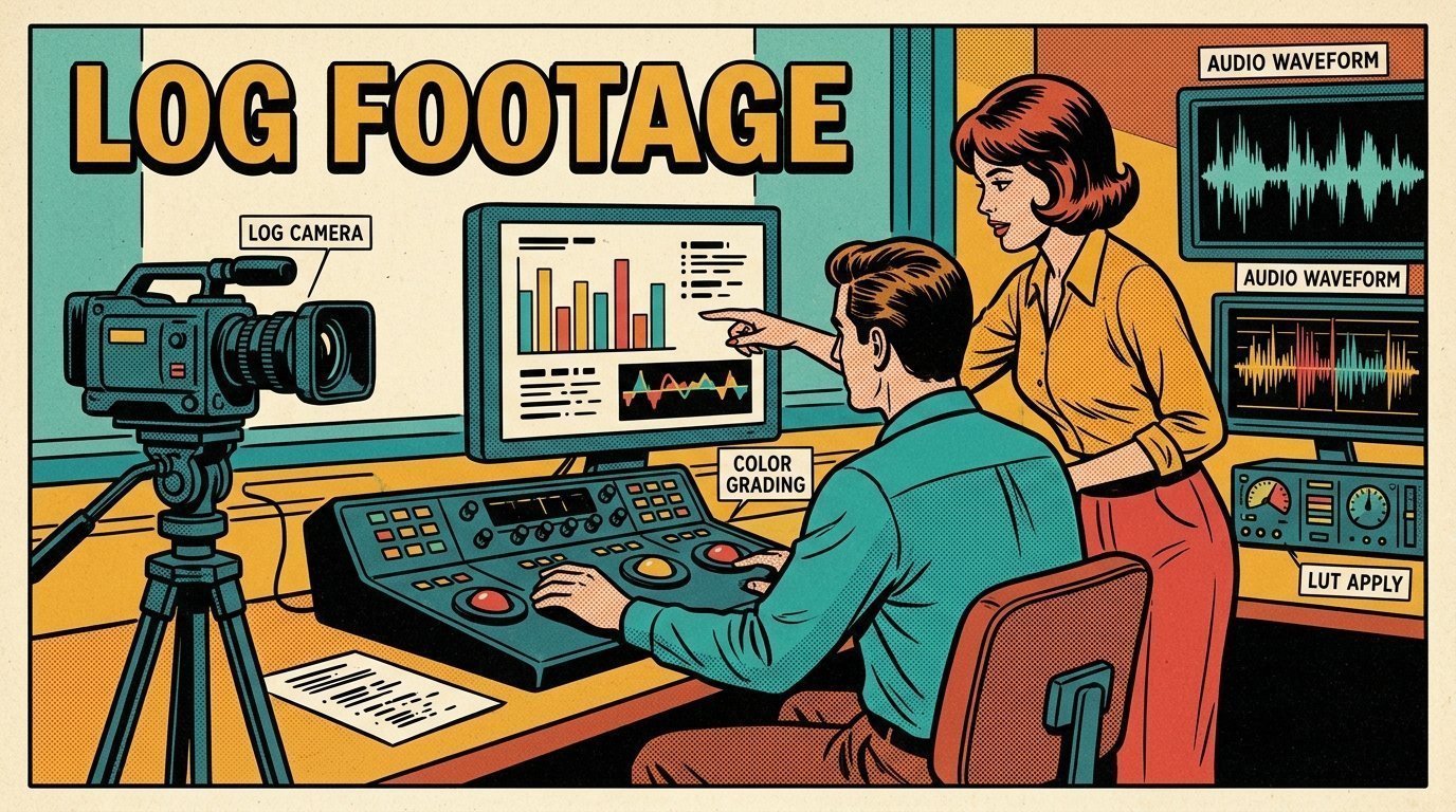 A 1960s mid-century comic book style editorial illustration showing a video editor and a director reviewing the cut together, with a colour grading panel with trackballs, a camera on a tripod, an audio waveform display visible in the frame.