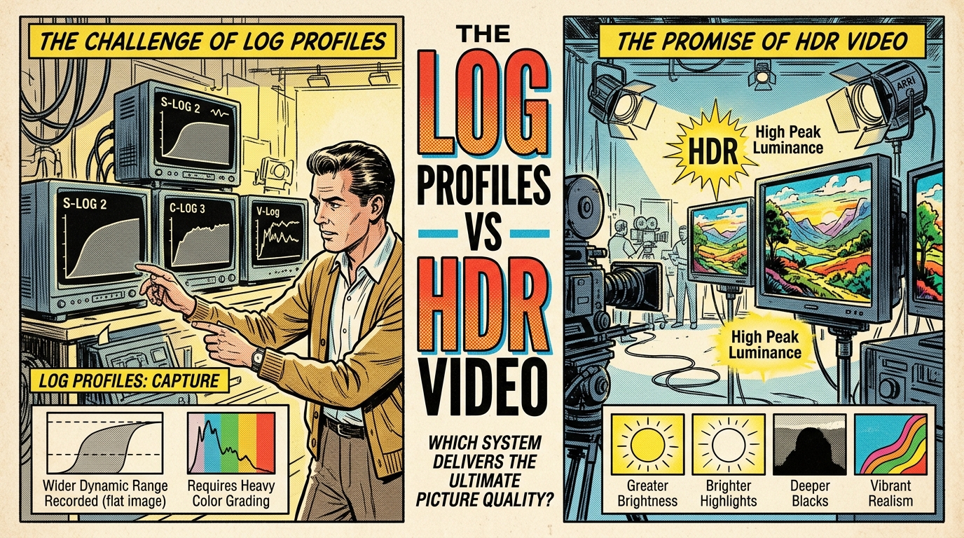 A 1960s mid-century comic book style editorial illustration showing a cinematographer comparing flat Log gamma curves on waveform monitors against high peak luminance HDR display monitors.
