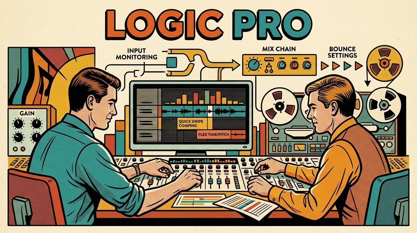 A 1960s mid-century comic book style editorial illustration showing two audio engineers at a mixing desk, with an audio interface with gain knobs, a mixing desk visible in the frame.