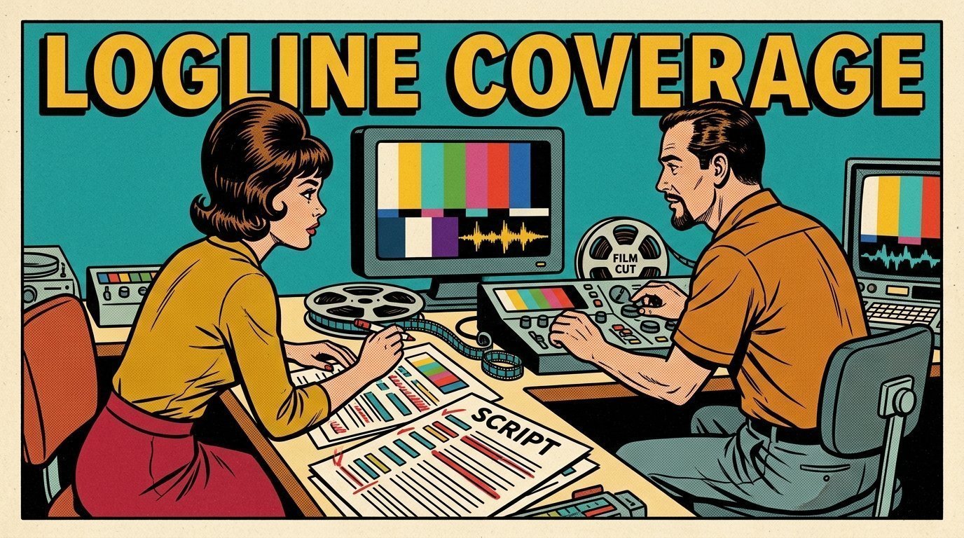 A 1960s mid-century comic book style editorial illustration showing a video editor and a director reviewing the cut together, with a marked-up script on the desk visible in the frame.