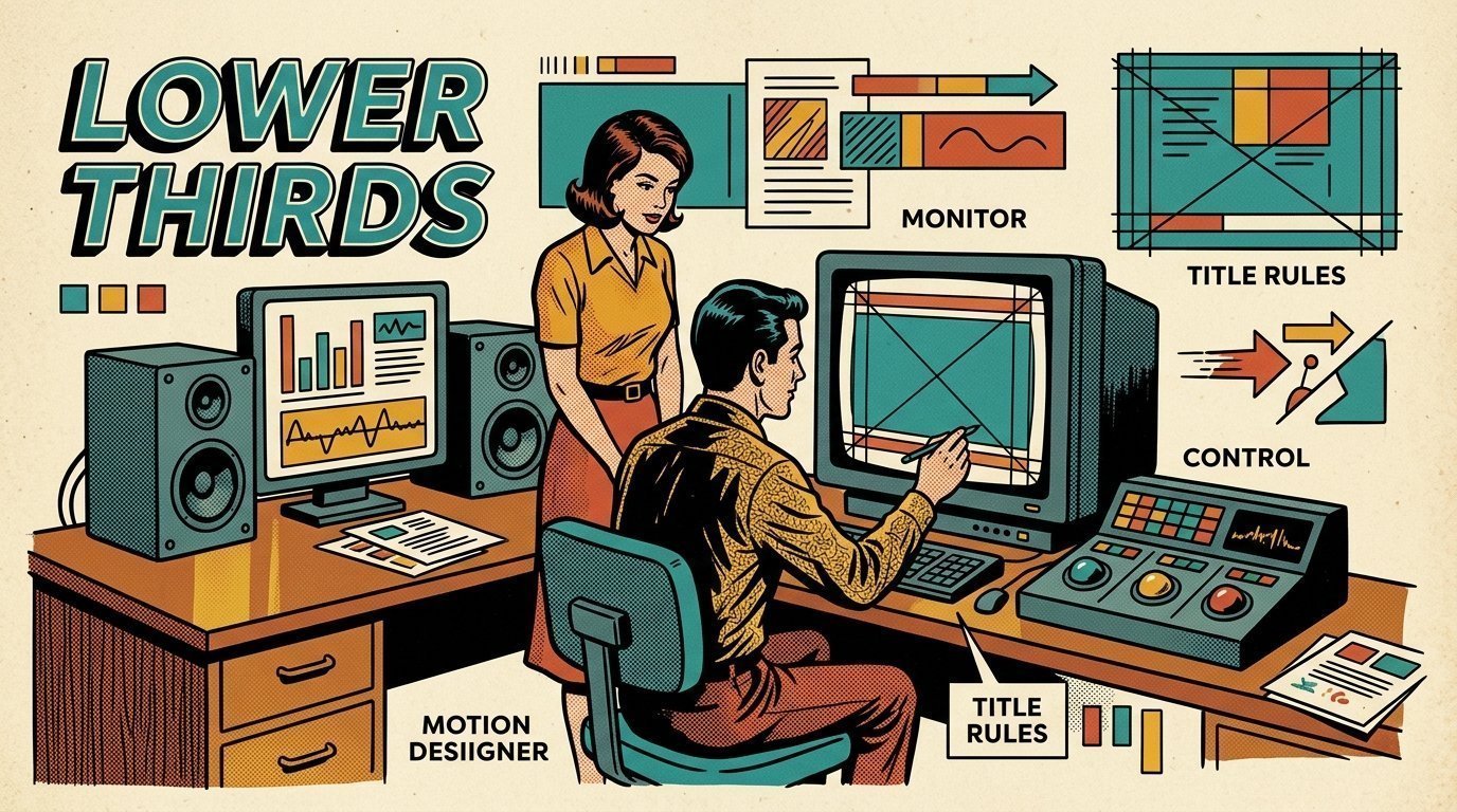 A 1960s mid-century comic book style editorial illustration showing a motion designer working at a large monitor, with a pair of studio monitors, a colour grading panel with trackballs visible in the frame.