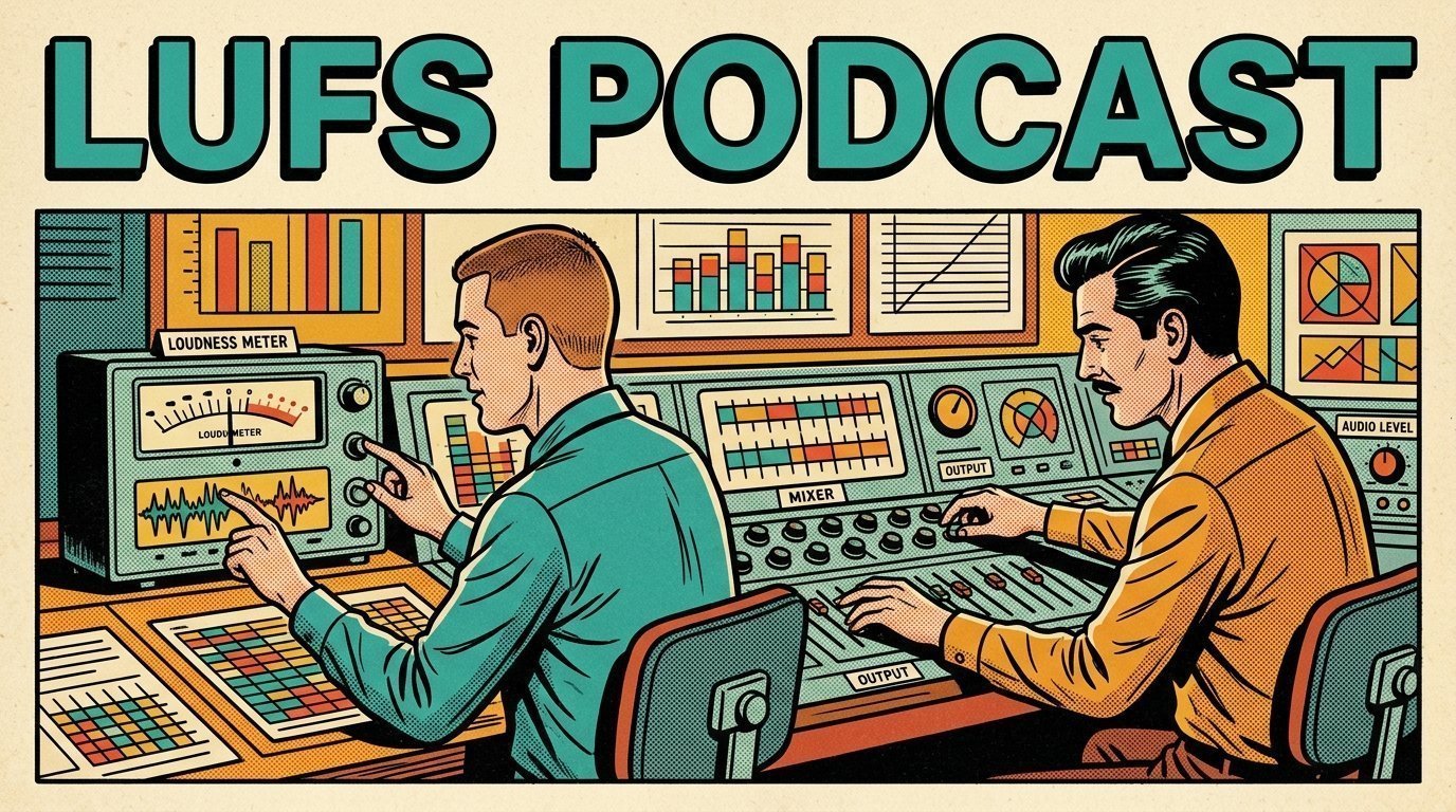 A 1960s mid-century comic book style editorial illustration showing two audio engineers at a mixing desk, with a loudness meter visible in the frame.