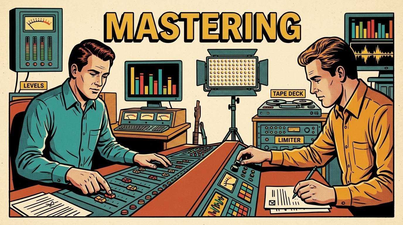 A 1960s mid-century comic book style editorial illustration showing two audio engineers at a mixing desk, with an LED panel light on a stand visible in the frame.
