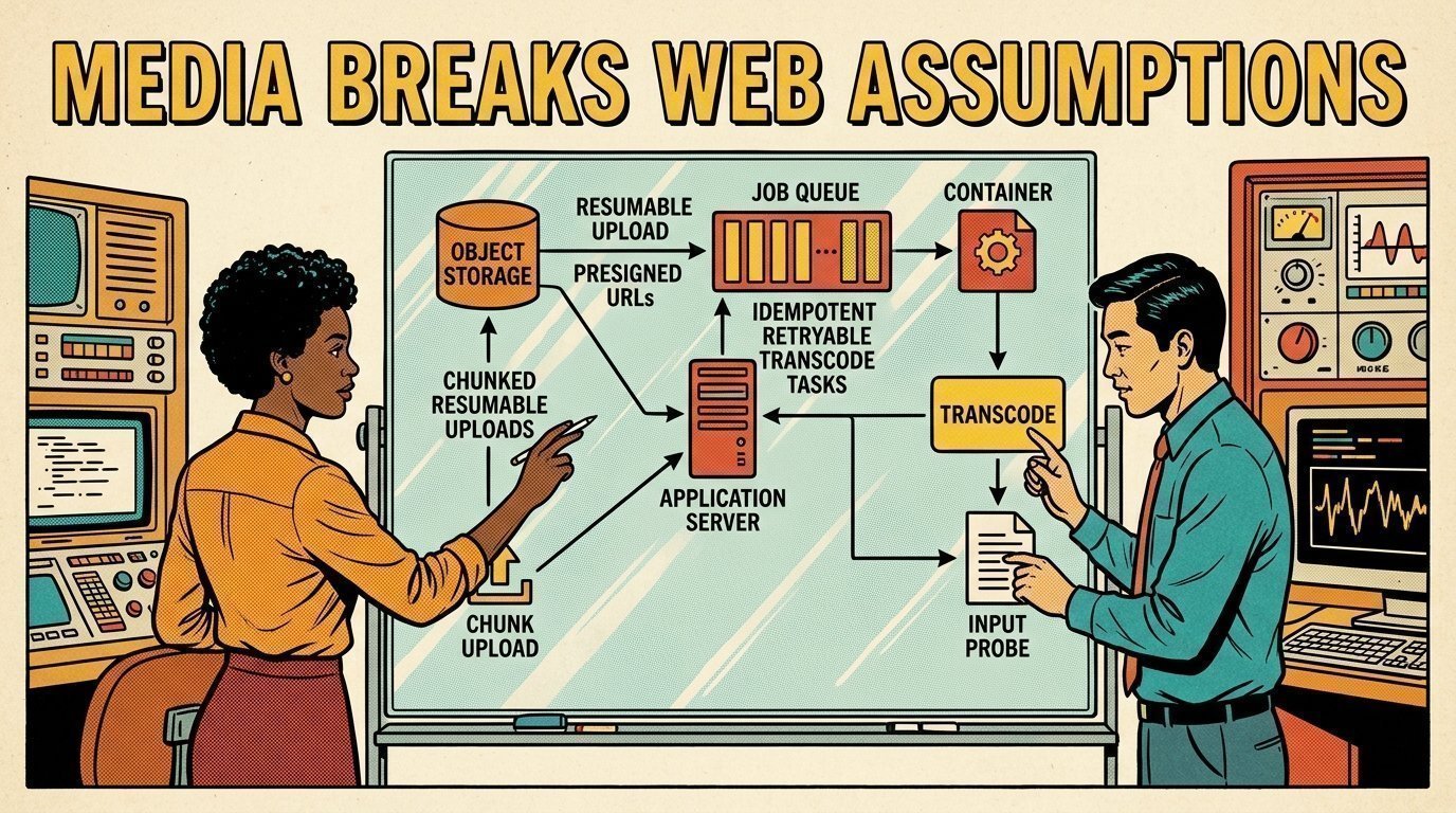A 1960s mid-century comic book style editorial illustration of software engineers diagramming resumable uploads to object storage, a queue of idempotent transcode jobs and a pinned media toolchain.