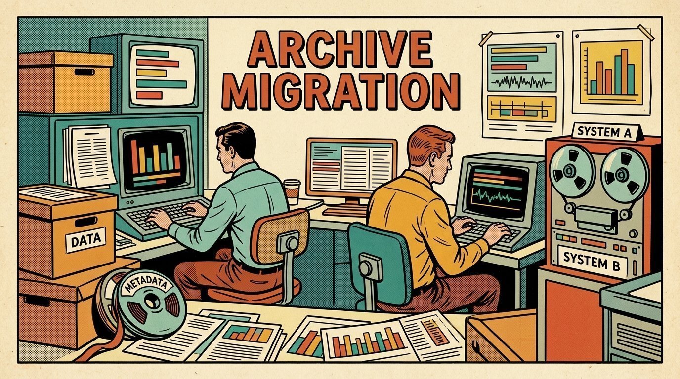 A 1960s mid-century comic book style editorial illustration showing two engineers at terminals in a machine room, with labelled archive boxes and reels visible in the frame.