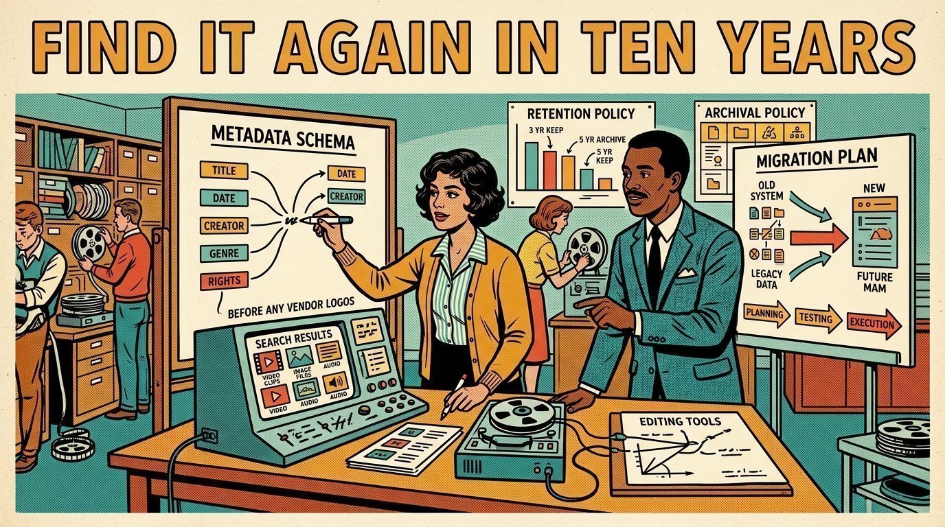 A 1960s mid-century comic book style editorial illustration of archivists mapping a metadata schema, testing search across content types and planning proxy workflow, retention and migration.