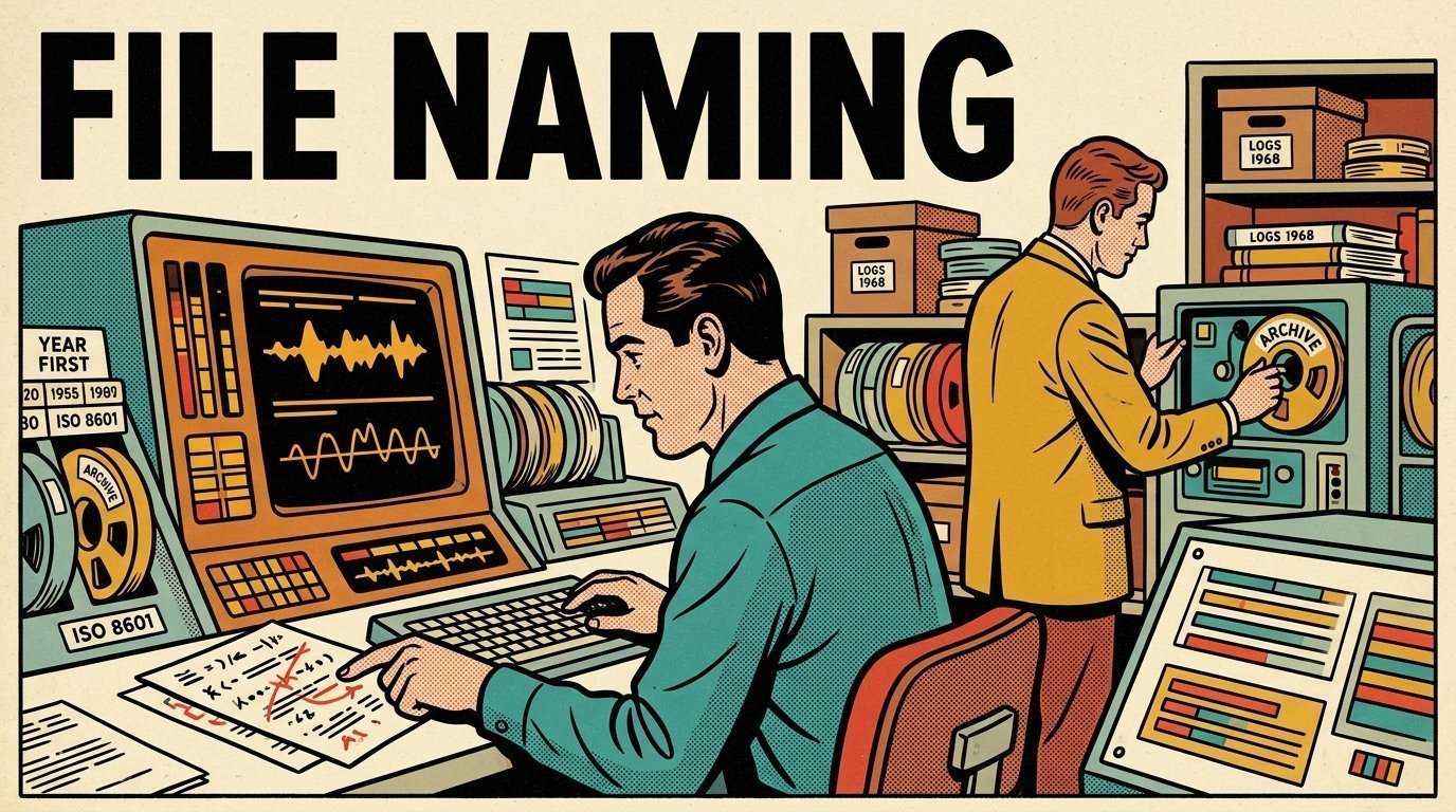 A 1960s mid-century comic book style editorial illustration showing two engineers at terminals in a machine room, with labelled archive boxes and reels, a marked-up script on the desk visible in the frame.