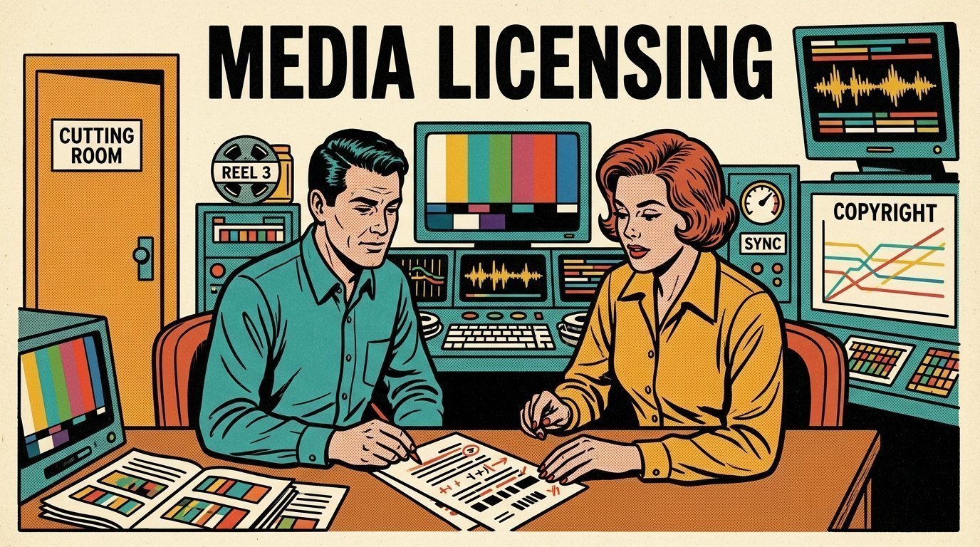 A 1960s mid-century comic book style editorial illustration showing a video editor and a director reviewing the cut together, with a marked-up script on the desk visible in the frame.