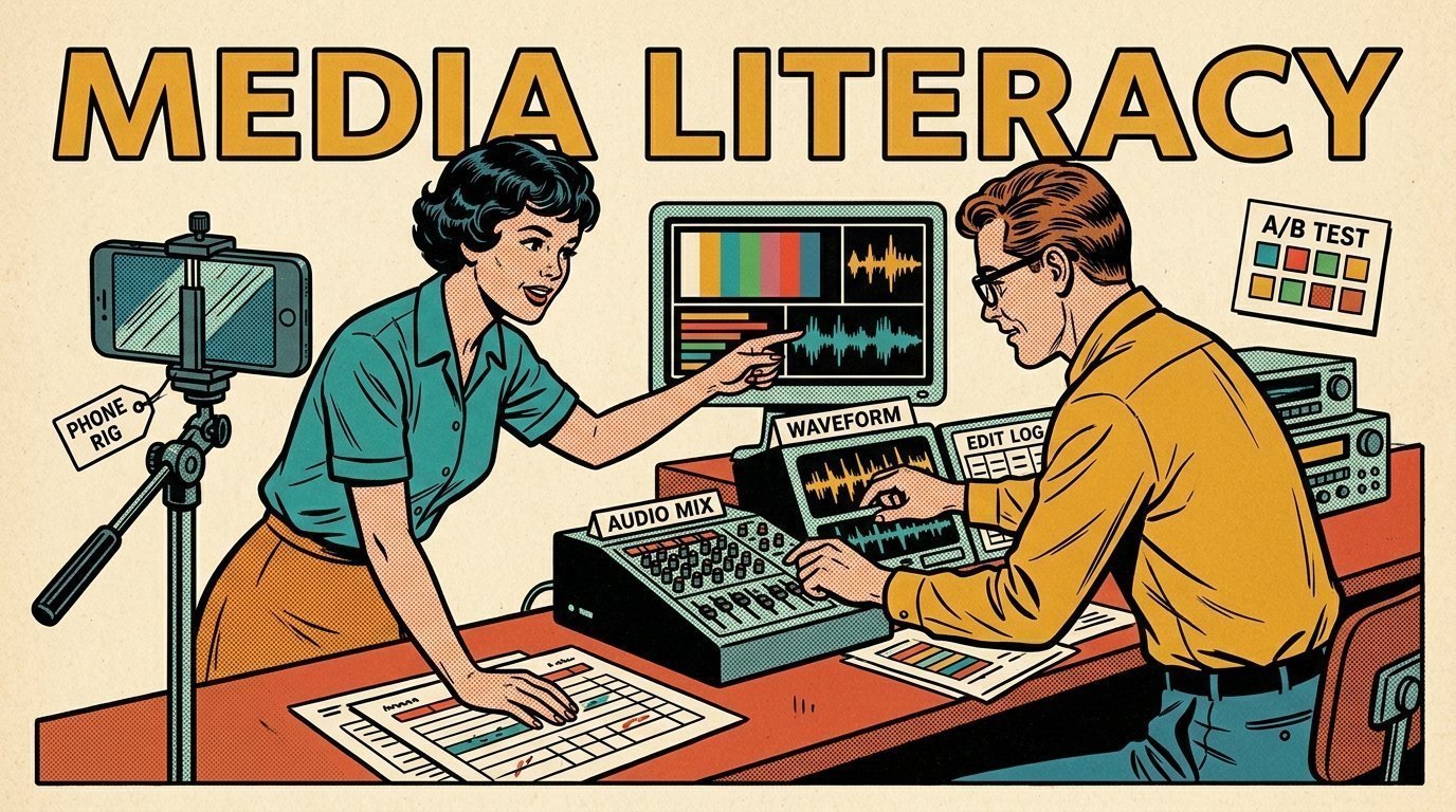 A 1960s mid-century comic book style editorial illustration showing a teacher and a student at a shared editing workstation, with a phone clamped to a rig visible in the frame.