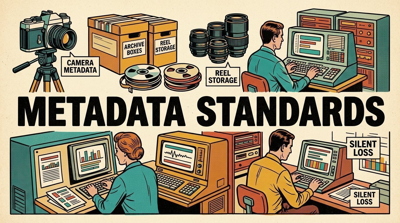 A 1960s mid-century comic book style editorial illustration showing two engineers at terminals in a machine room, with a camera on a tripod, labelled archive boxes and reels, a set of prime lenses visible in the frame.