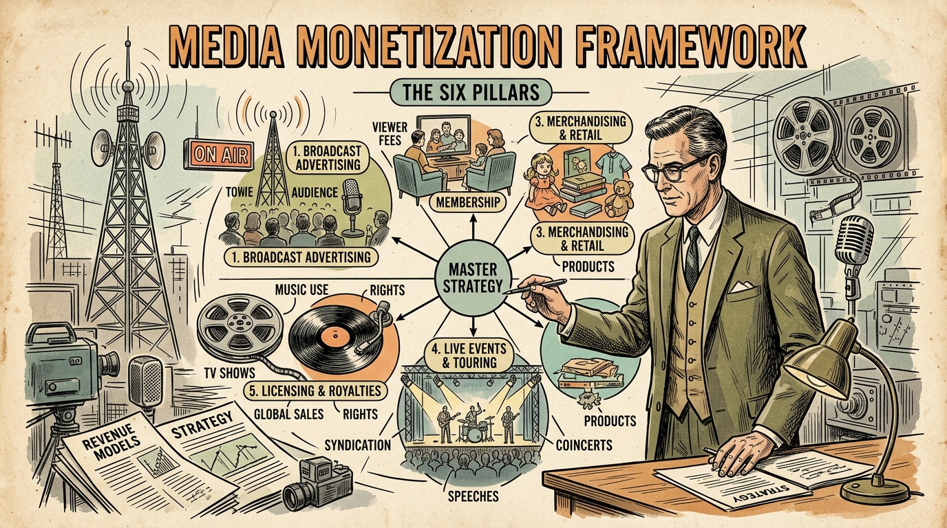 A 1960s mid-century editorial illustration depicting media producers mapping the six core revenue pillars of music licensing, film distribution, live events, merchandise, and broadcast advertising.