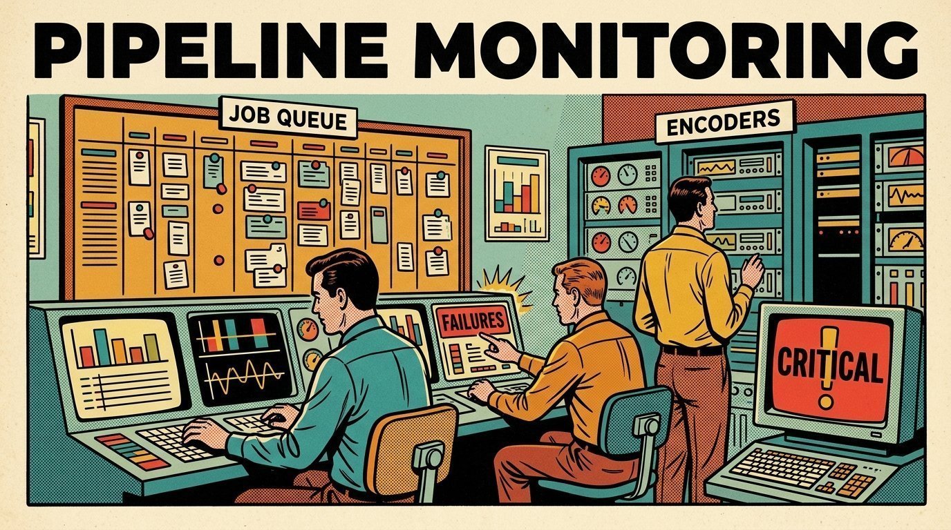 A 1960s mid-century comic book style editorial illustration showing two engineers at terminals in a machine room, with a job queue board, a bank of encoders visible in the frame.