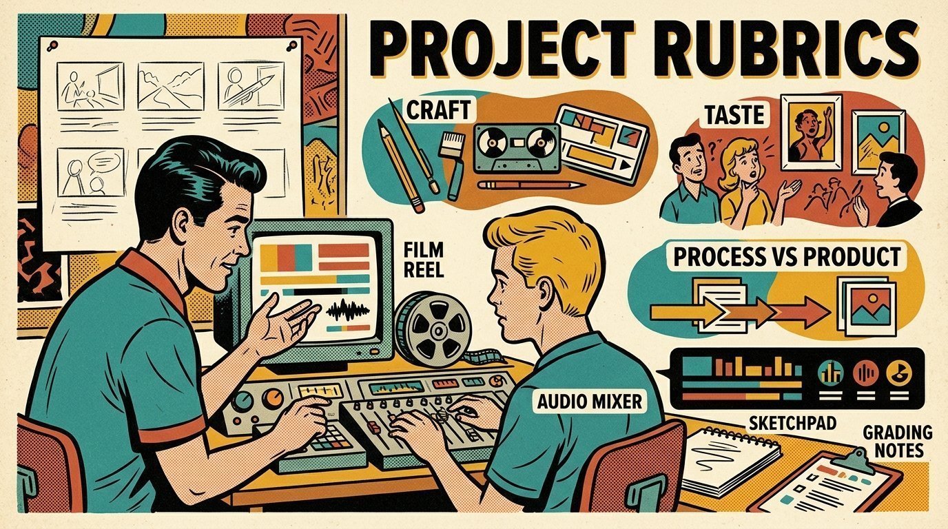 A 1960s mid-century comic book style editorial illustration showing a teacher and a student at a shared editing workstation, with a storyboard pinned to a wall, caption bars beneath a picture visible in the frame.