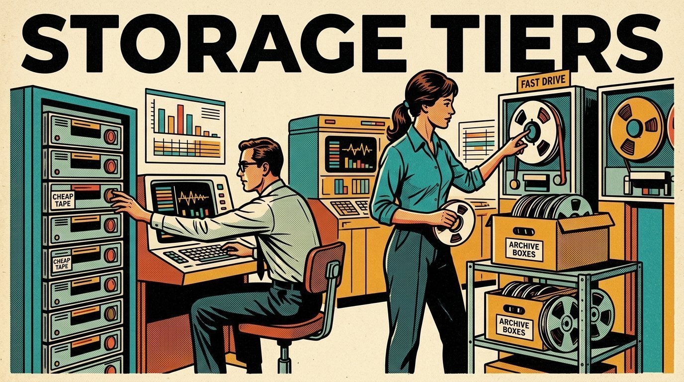 A 1960s mid-century comic book style editorial illustration showing two engineers at terminals in a machine room, with labelled archive boxes and reels, stacked storage drives visible in the frame.