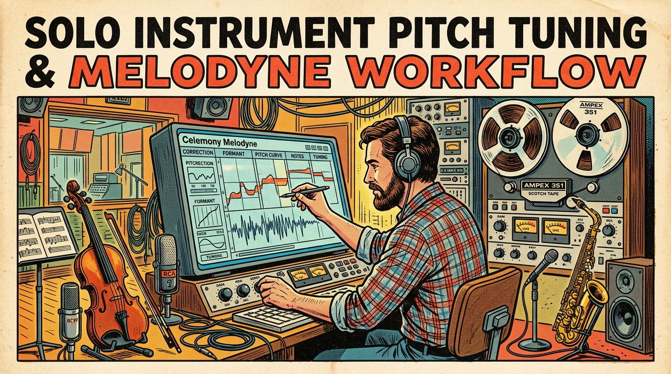 A 1960s mid-century comic book style editorial illustration depicting a sound engineer tuning solo instrument pitch curves and formant resonance on an audio display.