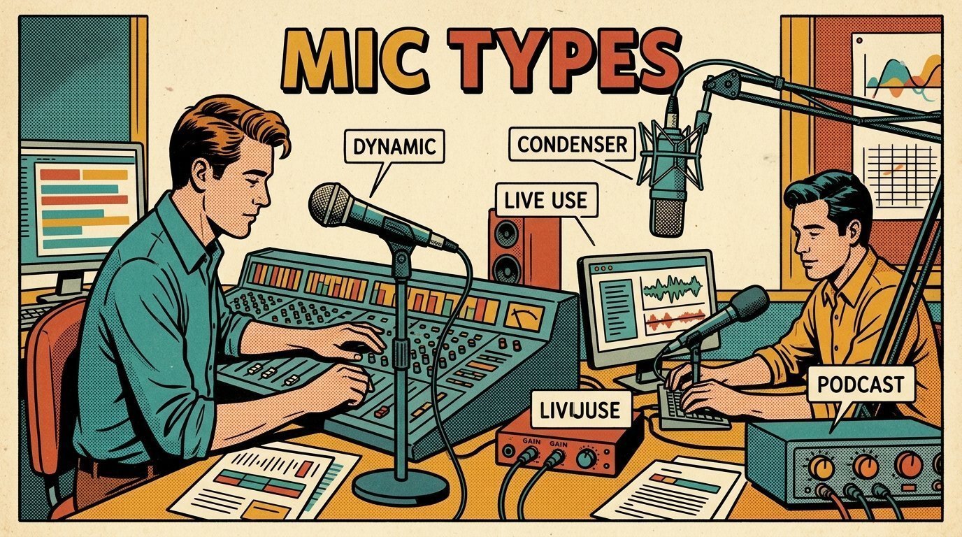 A 1960s mid-century comic book style editorial illustration showing two audio engineers at a mixing desk, with a studio microphone on a boom arm, an audio interface with gain knobs visible in the frame.