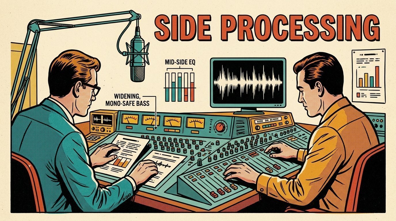 A 1960s mid-century comic book style editorial illustration showing two audio engineers at a mixing desk, with a mixing desk, a studio microphone on a boom arm, an audio waveform display visible in the frame.