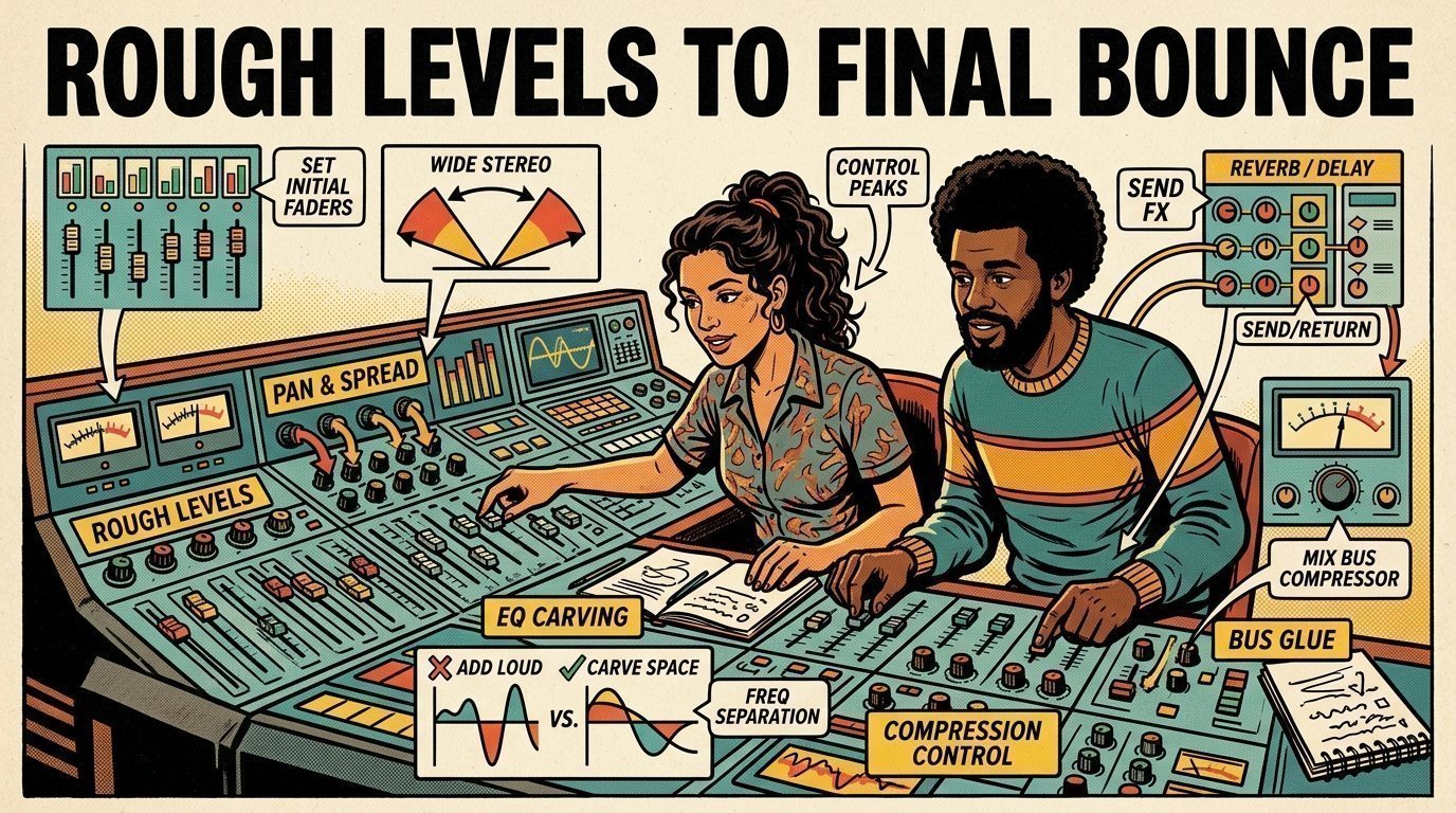 A 1960s mid-century comic book style editorial illustration of a mix engineer and producer setting rough levels, panning, carving EQ, compressing for control and gluing a full multitrack mix.