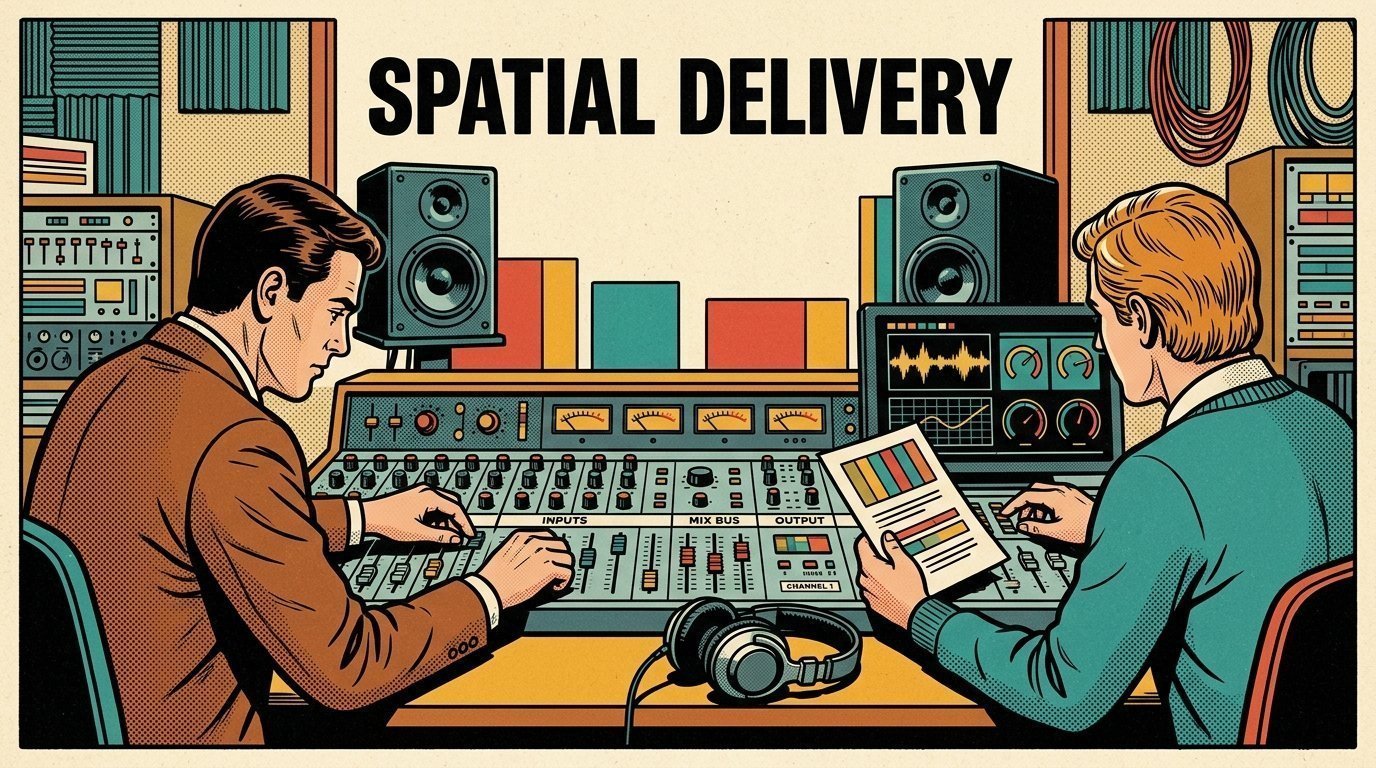 A 1960s mid-century comic book style editorial illustration showing two audio engineers at a mixing desk, with a pair of studio monitors, closed-back headphones, a broadcast console visible in the frame.