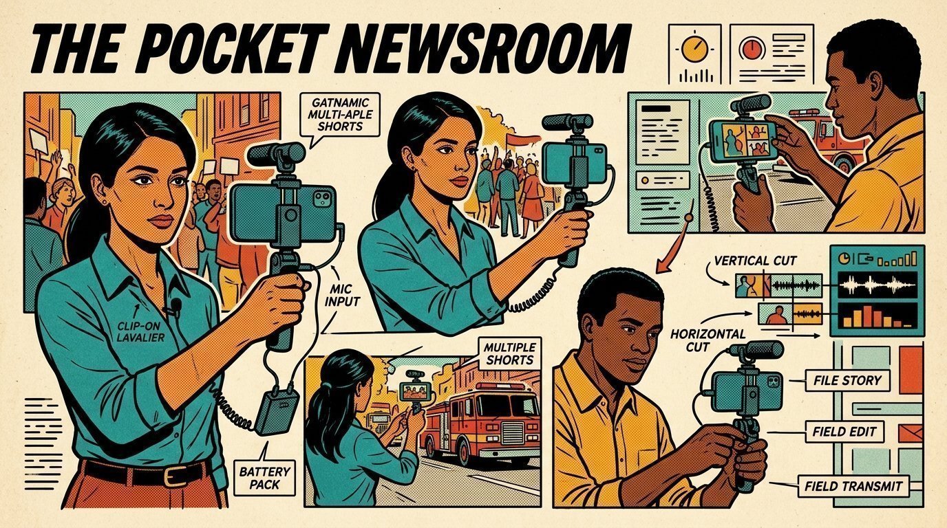 A 1960s mid-century comic book style editorial illustration of a reporter and field producer shooting sequences on a phone rig with lavalier and shotgun microphones, then filing vertical and horizontal cuts from the field.