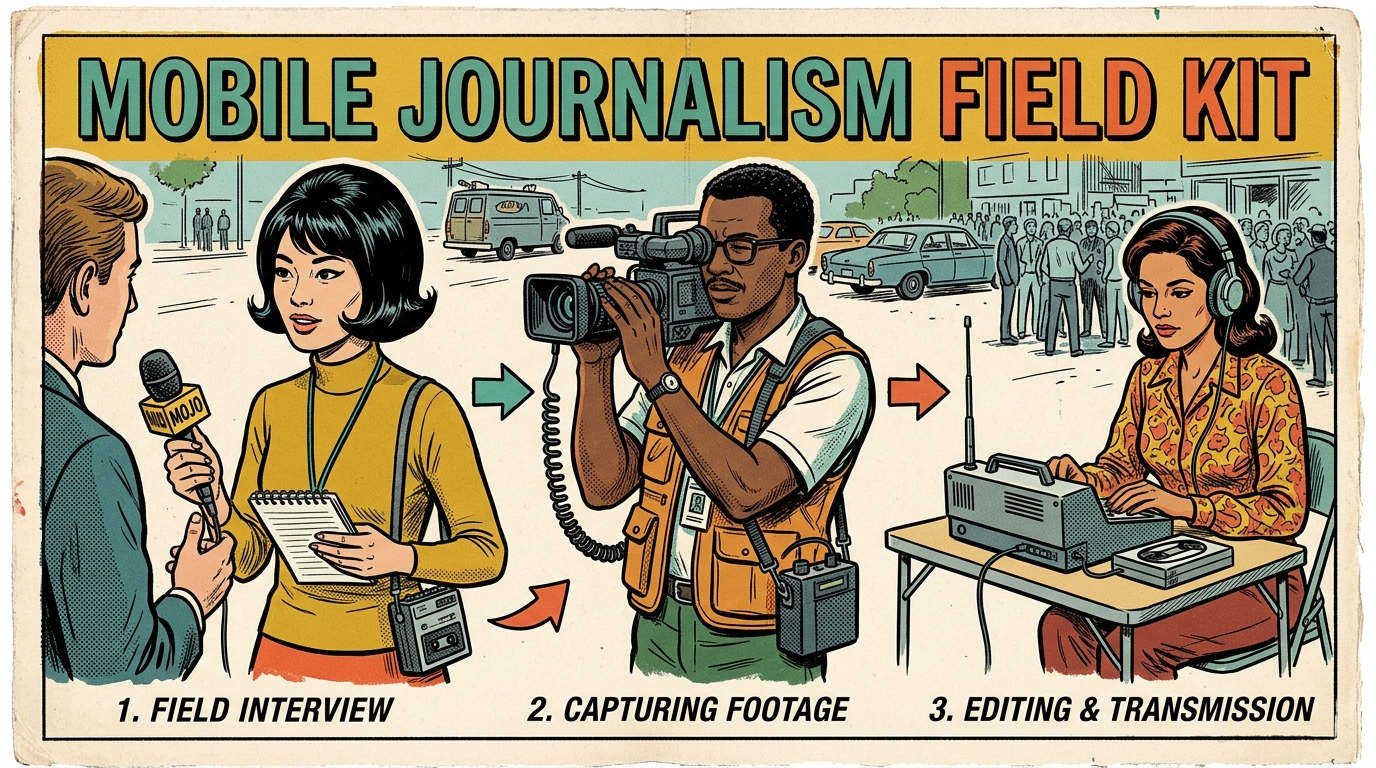 A 1960s mid-century comic book style editorial illustration showing field reporters conducting interviews, capturing camera footage, and editing audio-video files for news transmission.