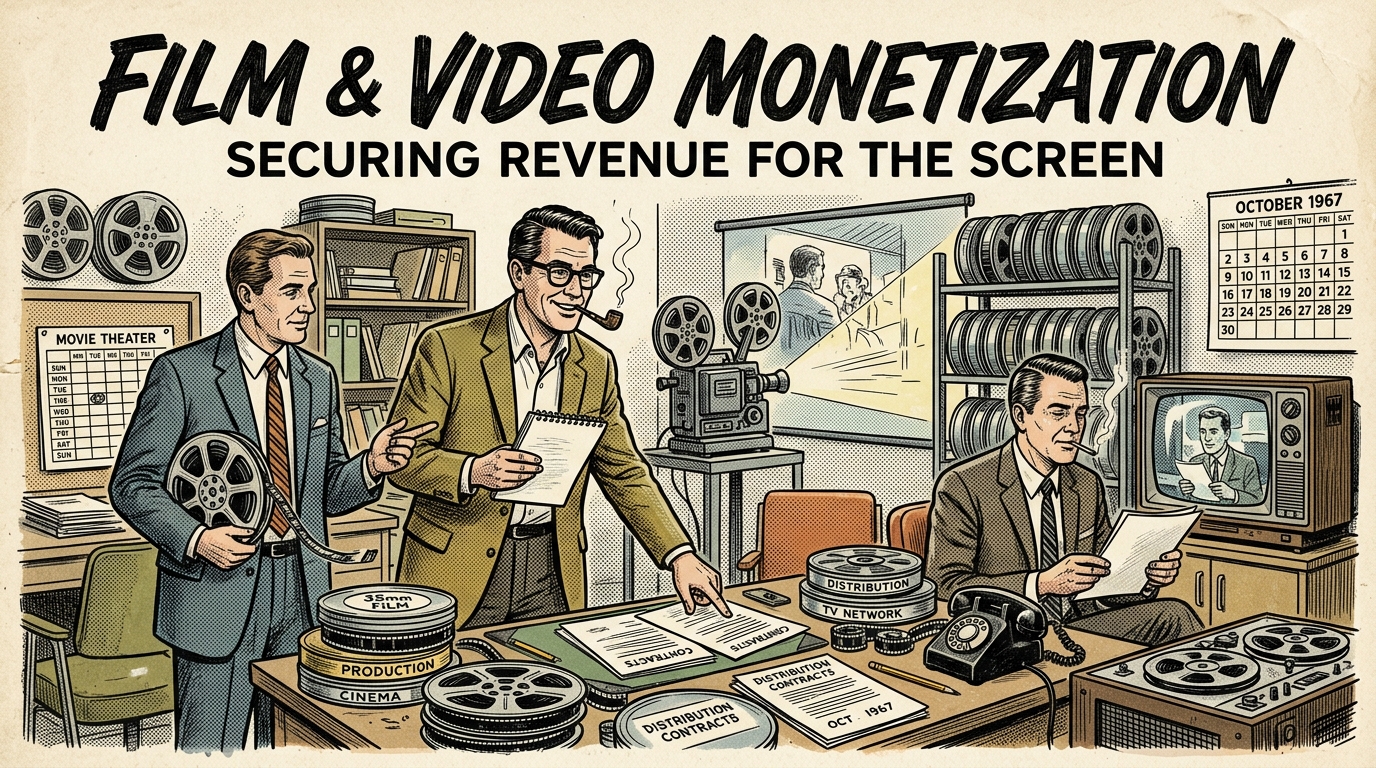A 1960s mid-century editorial illustration showing filmmakers and producers negotiating theatrical distribution agreements, television network syndication contracts, and stock video retainers.