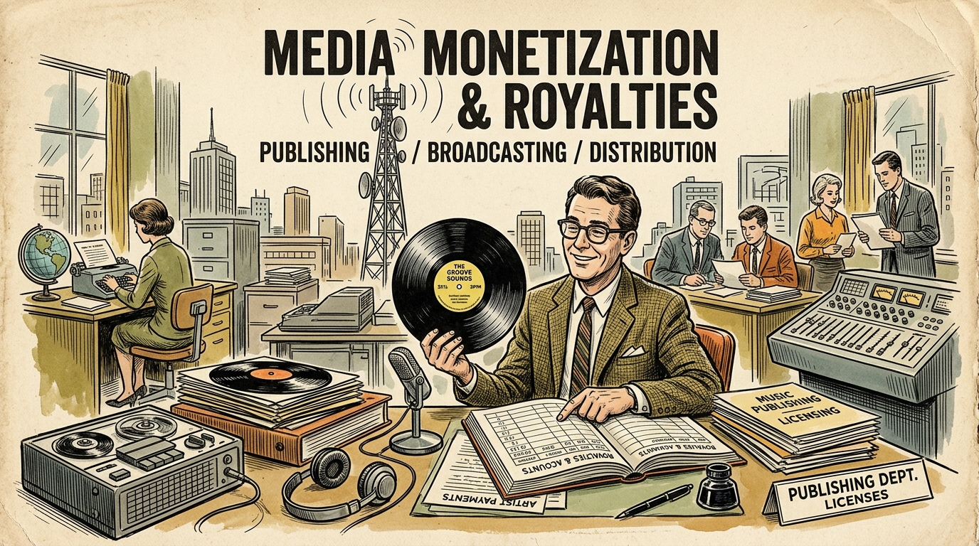 A 1960s mid-century editorial illustration illustrating music monetization, vinyl record publishing rights, broadcast licensing, and artist royalty accounts.