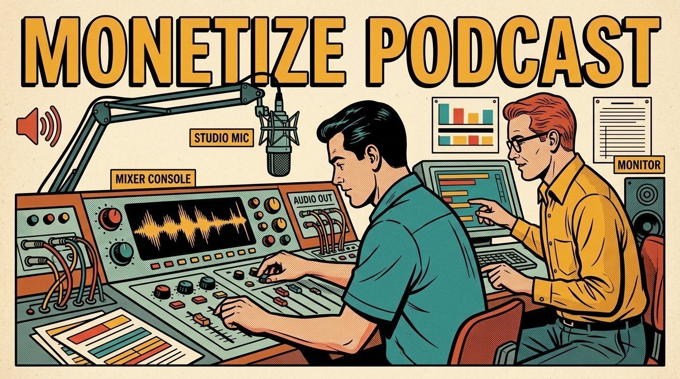 A 1960s mid-century comic book style editorial illustration showing two audio engineers at a mixing desk, with a mixing desk, a studio microphone on a boom arm, an audio waveform display visible in the frame.