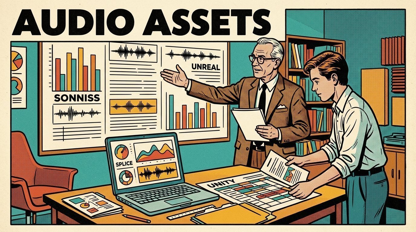 A 1960s mid-century comic book style editorial illustration showing a publisher and an analyst reviewing distribution figures, with a wall chart of figures, a laptop, printed schedules visible in the frame.