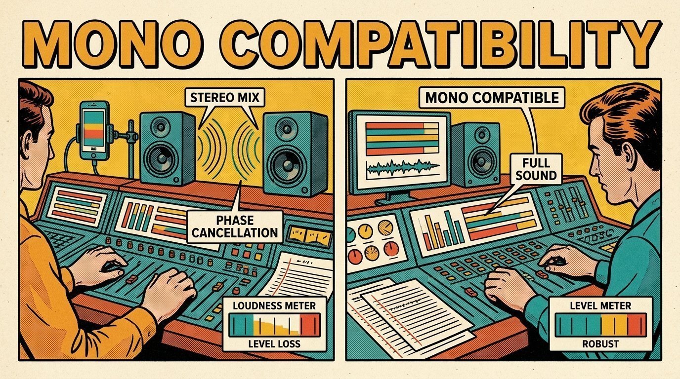 A 1960s mid-century comic book style editorial illustration showing two audio engineers at a mixing desk, with a phone clamped to a rig, a pair of studio monitors, a loudness meter visible in the frame.