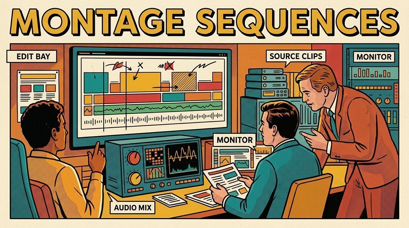 A 1960s mid-century comic book style editorial illustration showing a video editor and a director reviewing the cut together, with an edit timeline on a large screen, a calibrated monitor, stacked storage drives visible in the frame.