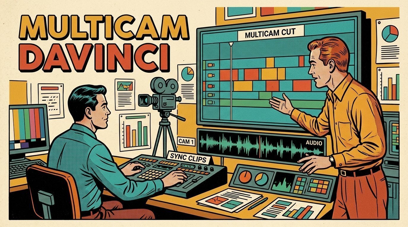 A 1960s mid-century comic book style editorial illustration showing a video editor and a director reviewing the cut together, with a camera on a tripod, an audio waveform display, an edit timeline on a large screen visible in the frame.