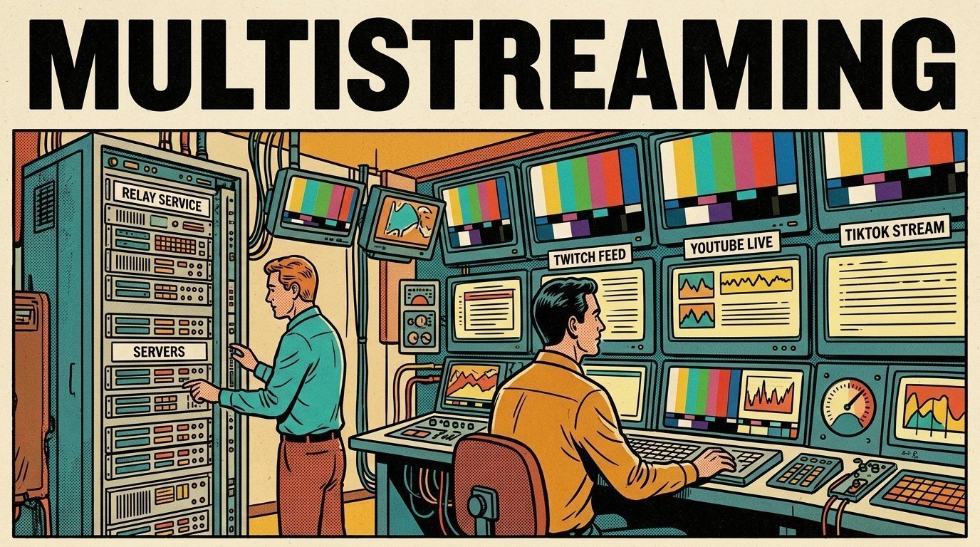 A 1960s mid-century comic book style editorial illustration showing a streaming operator watching a wall of encoders, with a rack of servers visible in the frame.