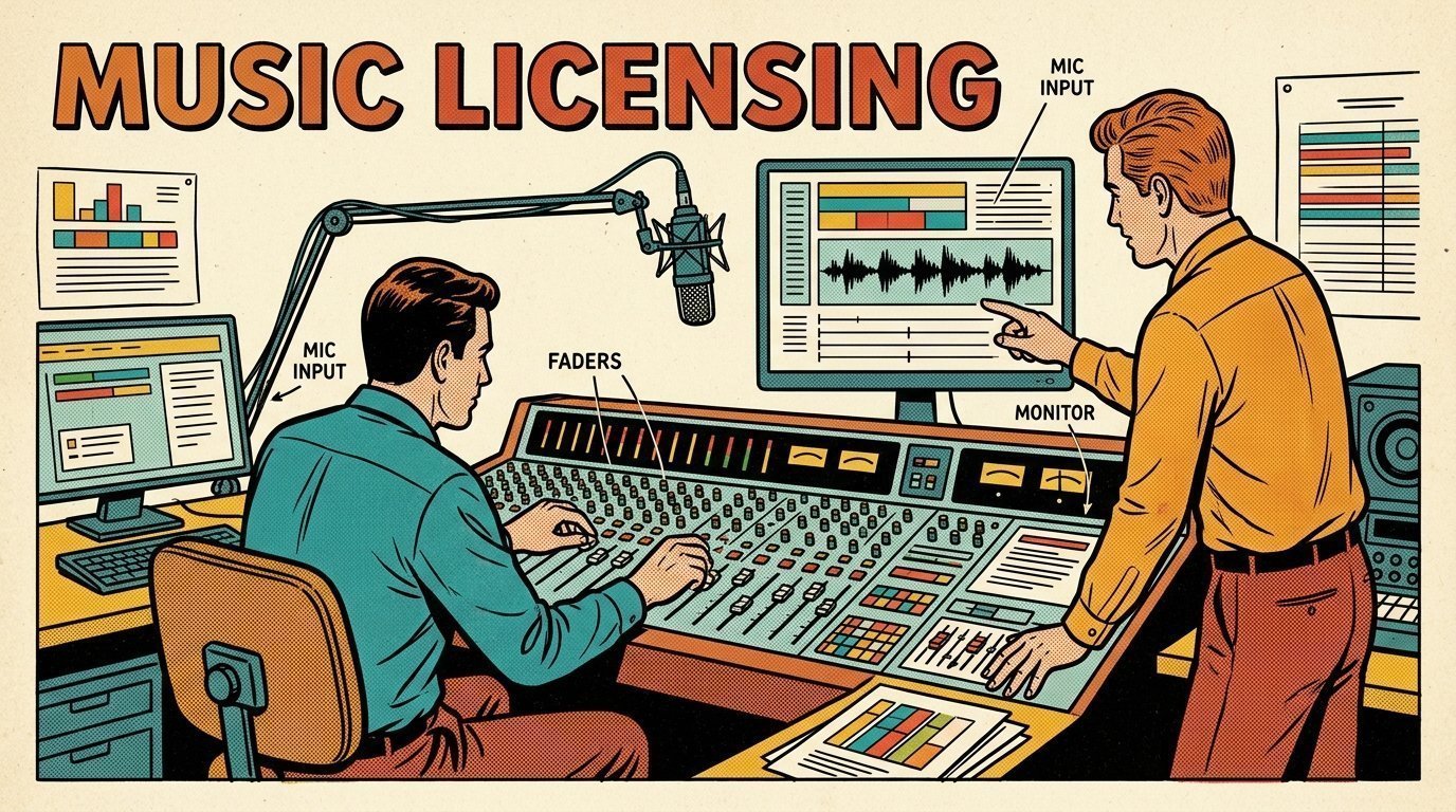 A 1960s mid-century comic book style editorial illustration showing two audio engineers at a mixing desk, with a mixing desk, a studio microphone on a boom arm, an audio waveform display visible in the frame.
