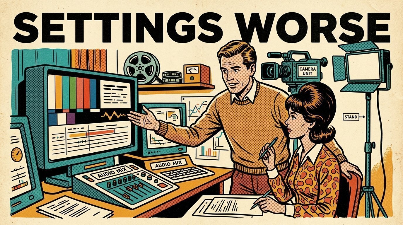 A 1960s mid-century comic book style editorial illustration showing a video editor and a director reviewing the cut together, with a camera on a tripod, an LED panel light on a stand visible in the frame.