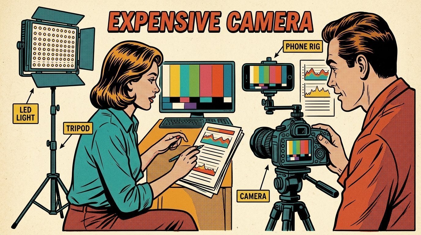 A 1960s mid-century comic book style editorial illustration showing a video editor and a director reviewing the cut together, with a camera on a tripod, a phone clamped to a rig, an LED panel light on a stand visible in the frame.
