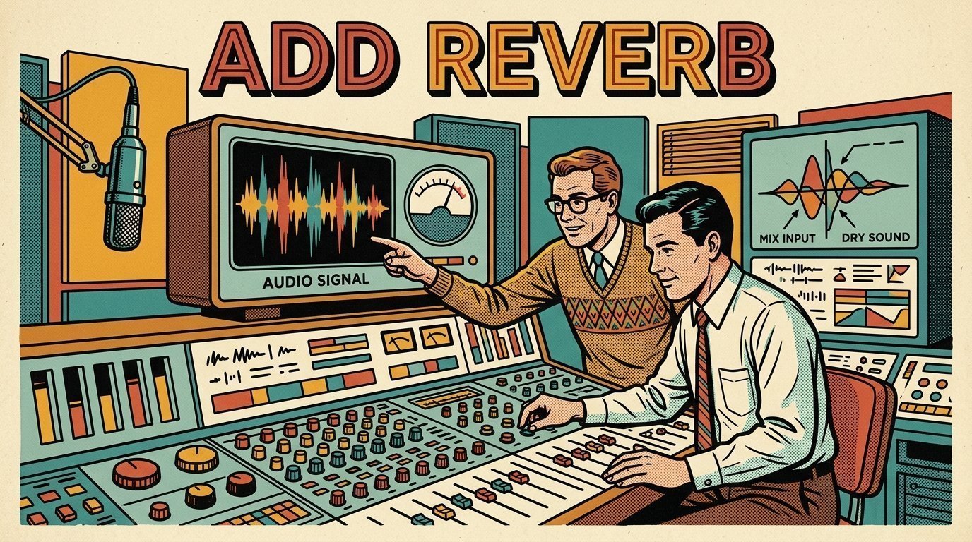 A 1960s mid-century comic book style editorial illustration showing two audio engineers at a mixing desk, with a mixing desk, a studio microphone on a boom arm, an audio waveform display visible in the frame.
